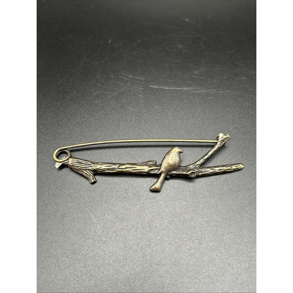 Retro Antiqued Brass Bird On Twig Shawl Or Sweater Pin Brooch 3 3/4”